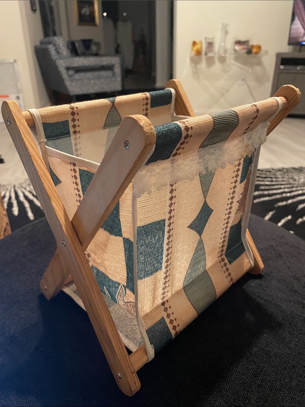 Canvas Folding Tabletop Storage Basket/ Sewing Caddy in Teal and Cream